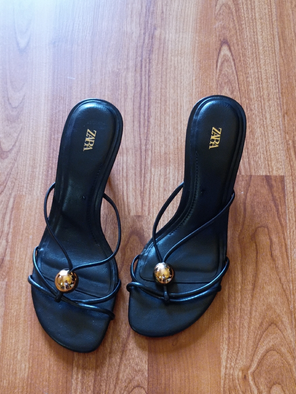 ZARA Black Strappy Mule Heels with Gold Orb Detail
